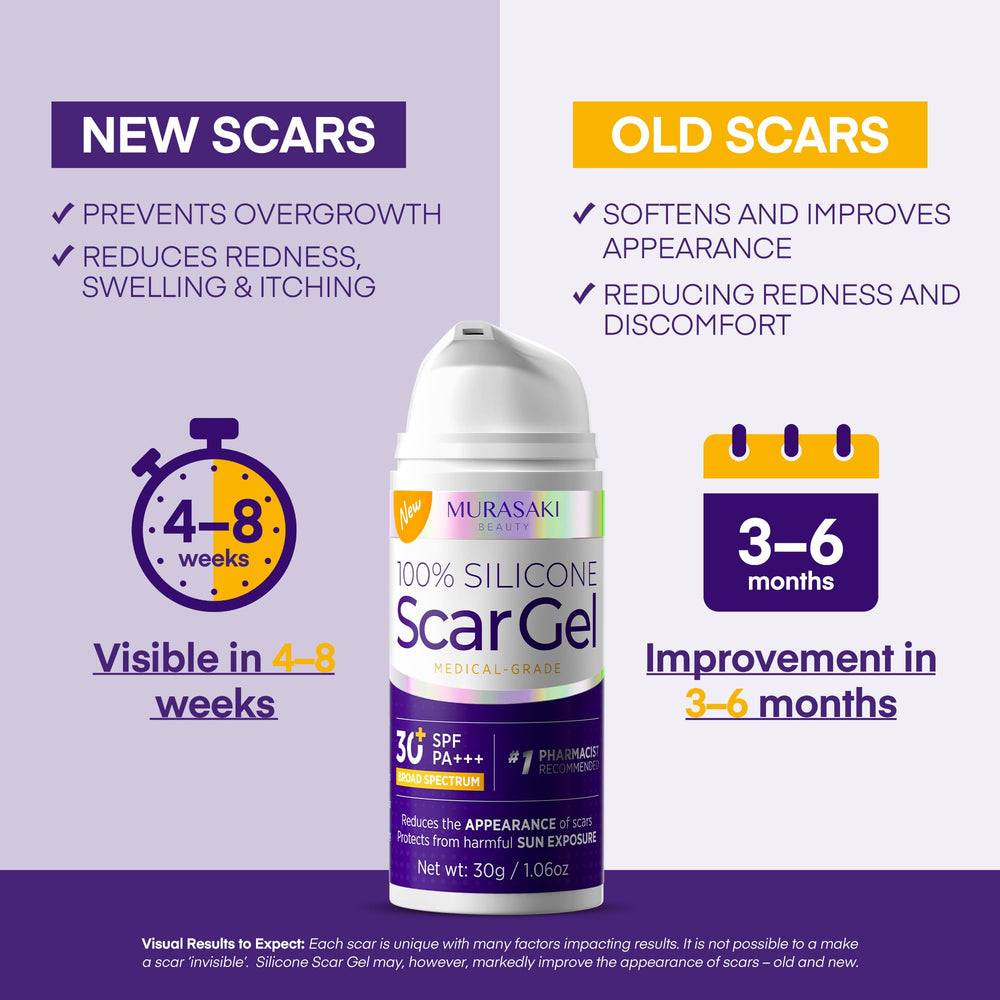 MURASAKI BEAUTY silicone scar gel tube with SPF 30 for UV protection.