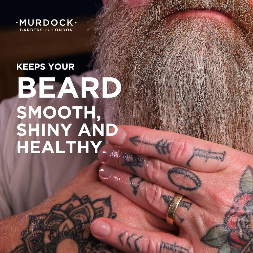 Murdock London beard oil application in hands shows quick absorption and nourished beard.