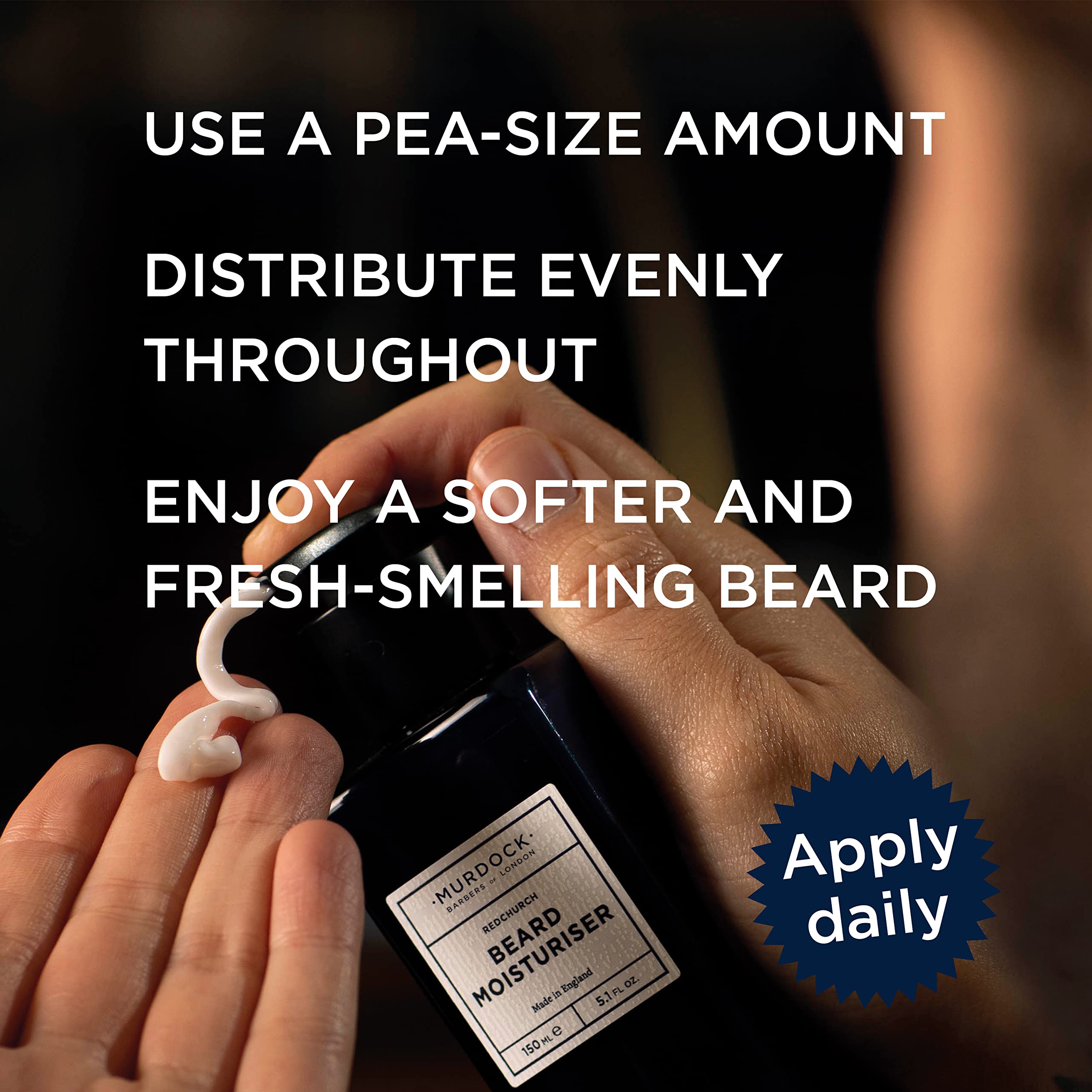Murdock London beard moisturizer close-up after application shows hydrated skin and soft hair.