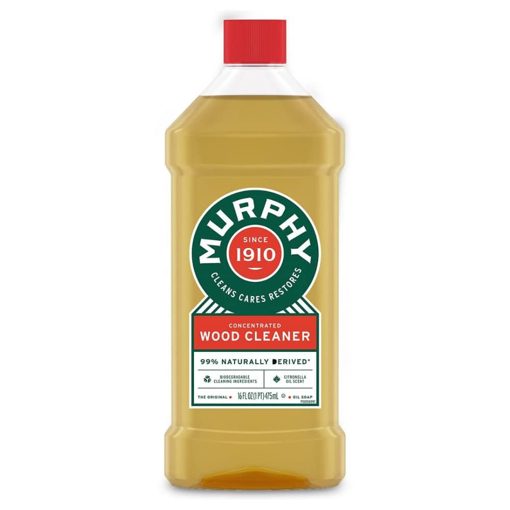 Murphy Oil Original Formula oil soap liquid pour demonstrates easy wood cleaning application.