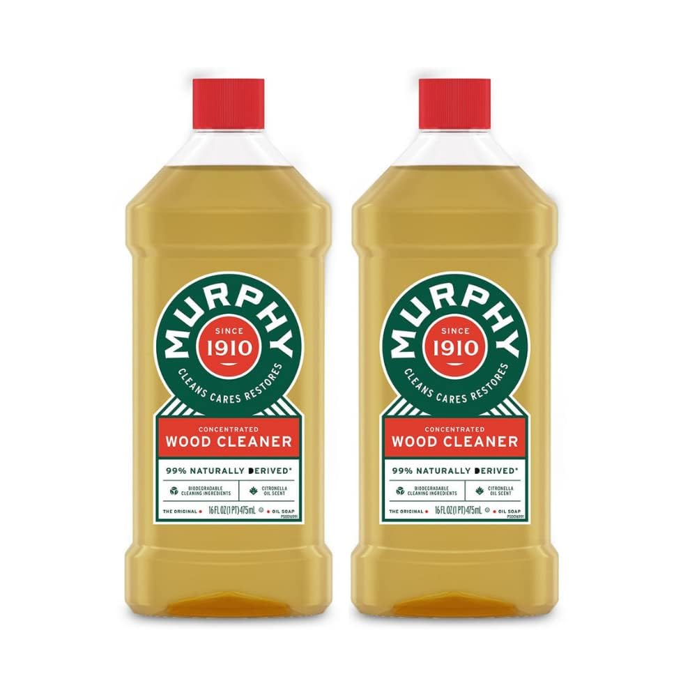 Murphy Oil Original Formula oil soap liquid on wood panel shows cleaning power for furniture.
