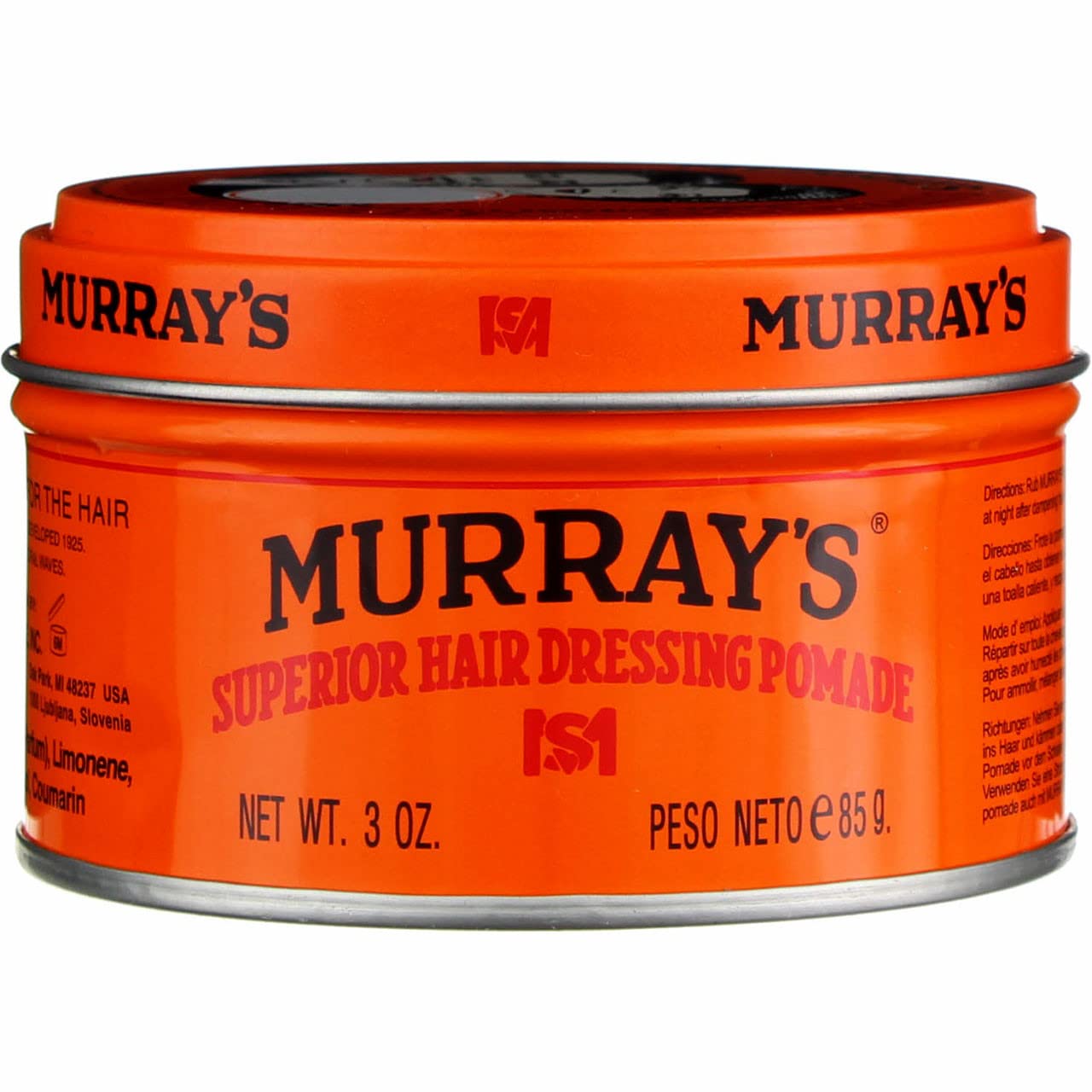 Murray's pomade packaging closeup highlights clean, acid-free formula.