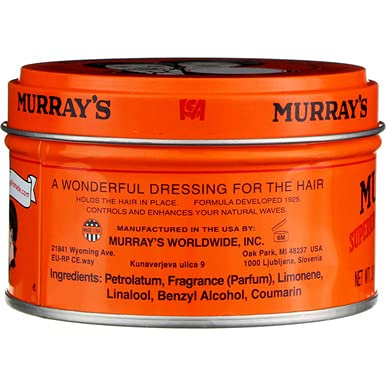 Murray's tin opened ready for styling session with pomade visible.