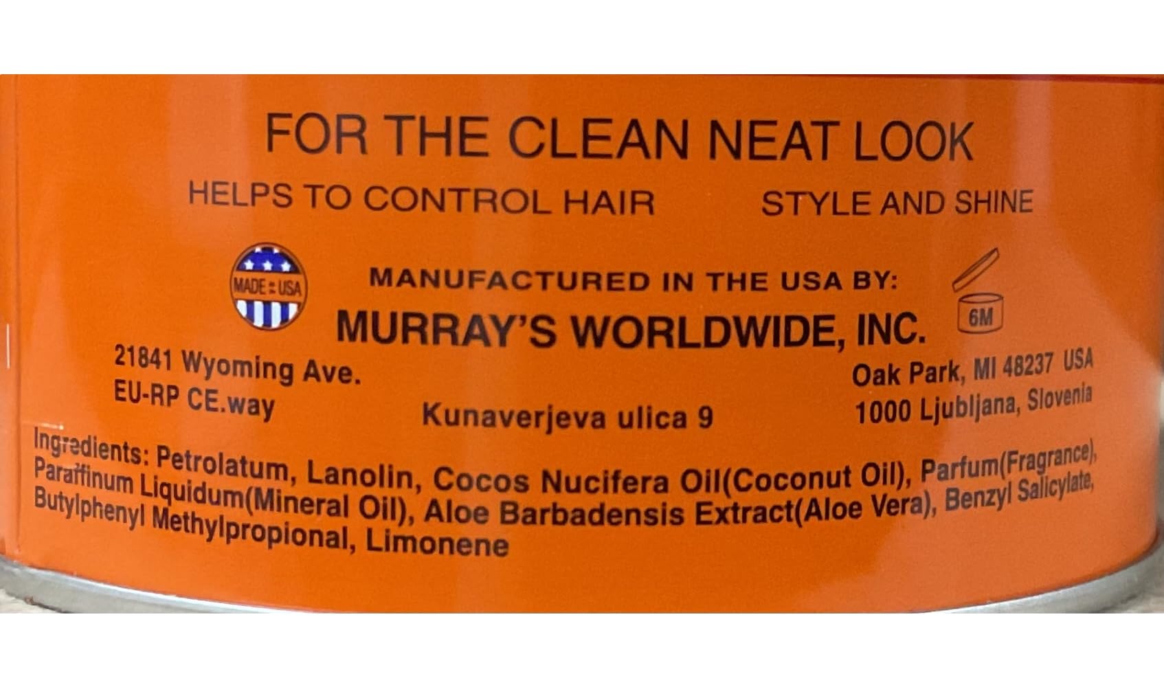 Murray's Super Light orange-black 3oz pack2 jar closeup showing portable grooming solution