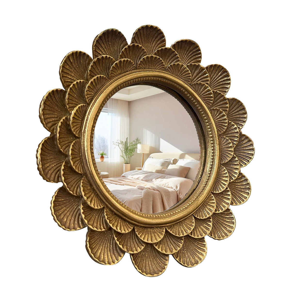 Musanpou vintage vanity mirror front view with antique gold frame and crisp reflection for makeup.
