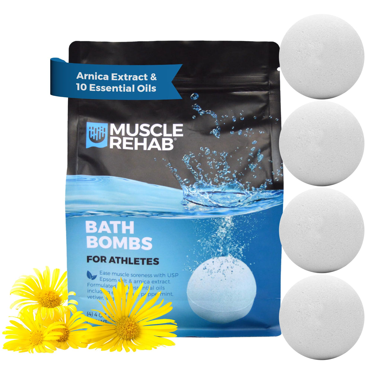 Muscle Rehab Epsom salt bath bombs 4-pack in box for post-workout recovery