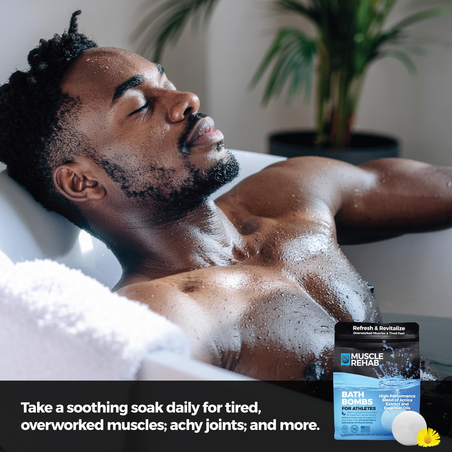 Muscle Rehab olive oil-enriched bath bomb softening skin during soak