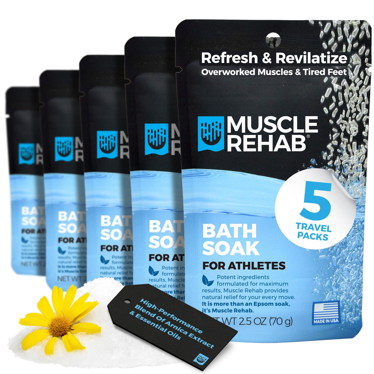 Muscle Rehab travel Epsom packet with Arnica for on-the-go relief