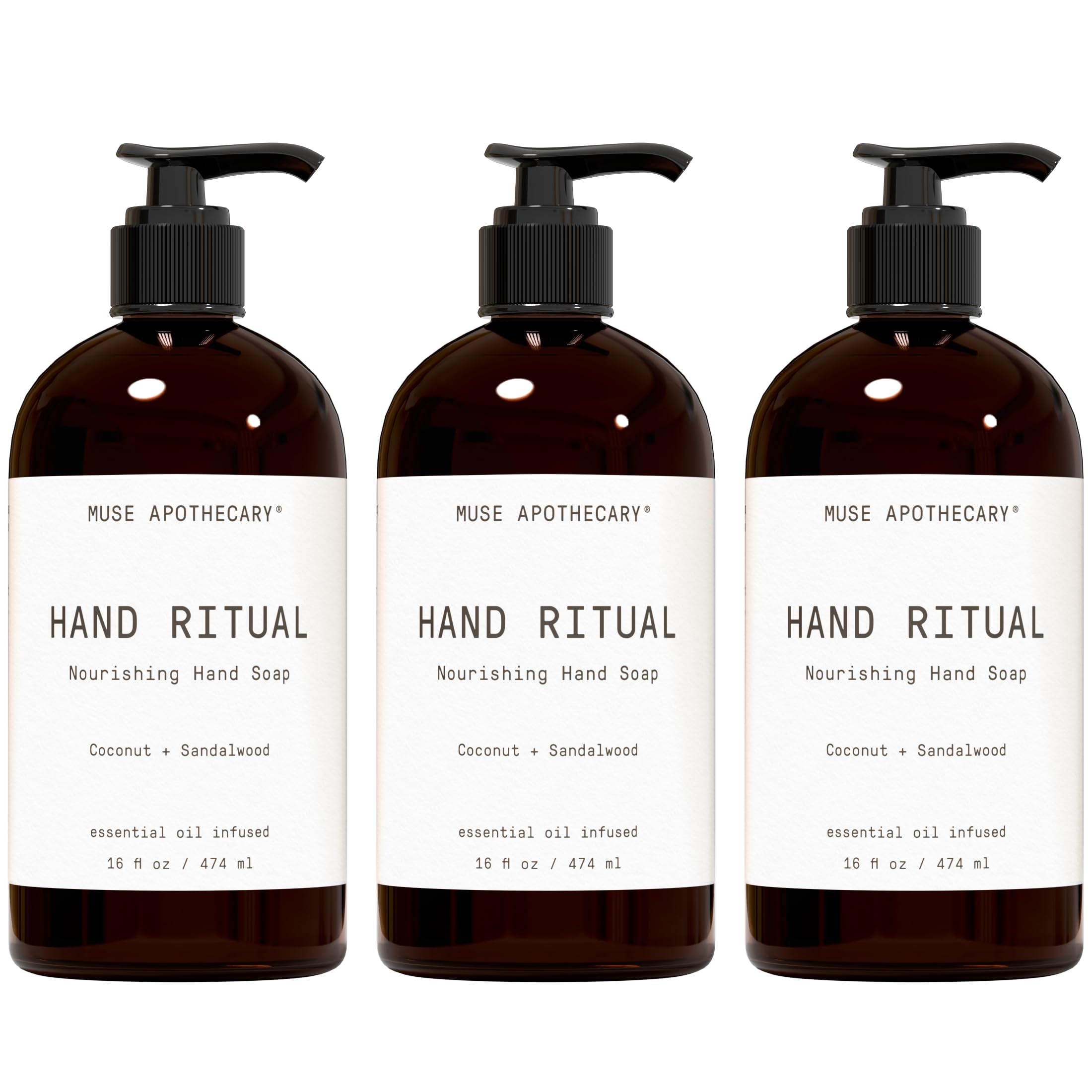 Muse Apothecary Hand Ritual bottle closeup with coconut-sandalwood aroma emphasis