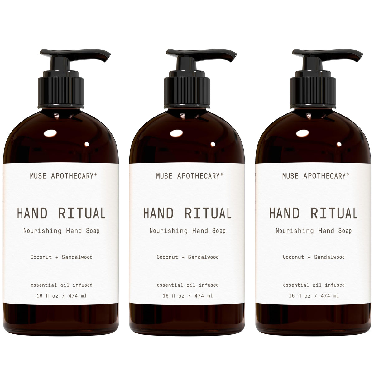Muse Apothecary Hand Ritual bottle closeup with coconut-sandalwood aroma emphasis