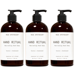 Muse Apothecary Hand Ritual bottle closeup with coconut-sandalwood aroma emphasis