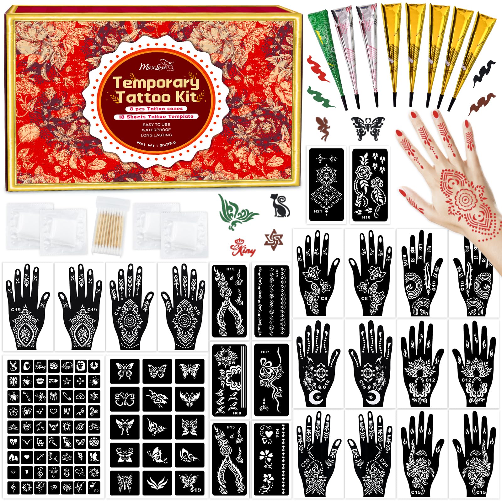 MuseLuxe tattoo stencils kit contents enable creative DIY skin art ideas.