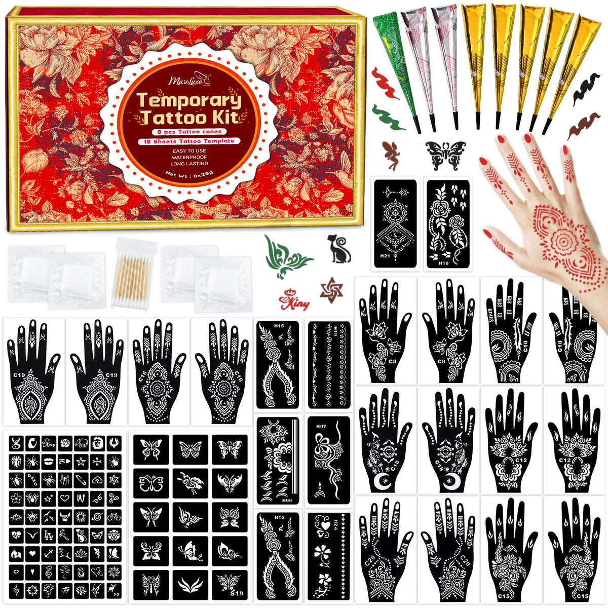 MuseLuxe tattoo stencils kit contents enable creative DIY skin art ideas.