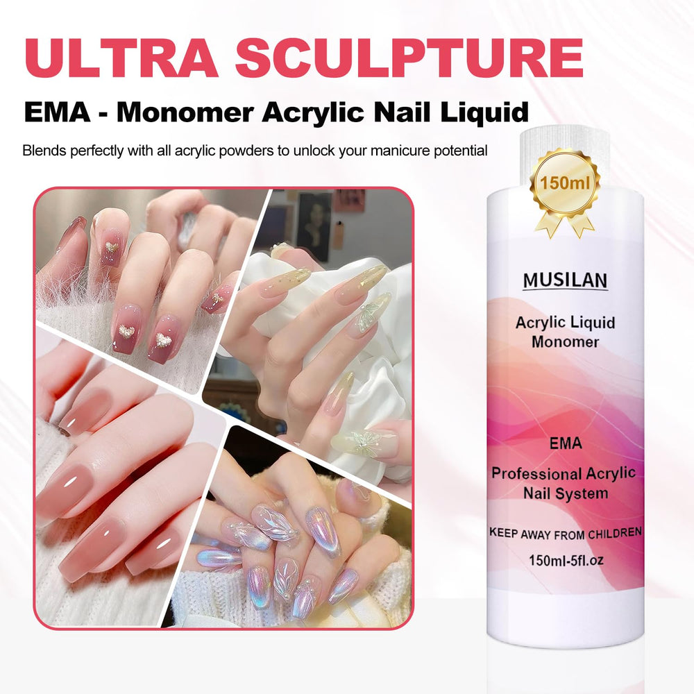 MUSILAN Monomer liquid adhesion demo illustrating extended wear with acrylic powder systems.