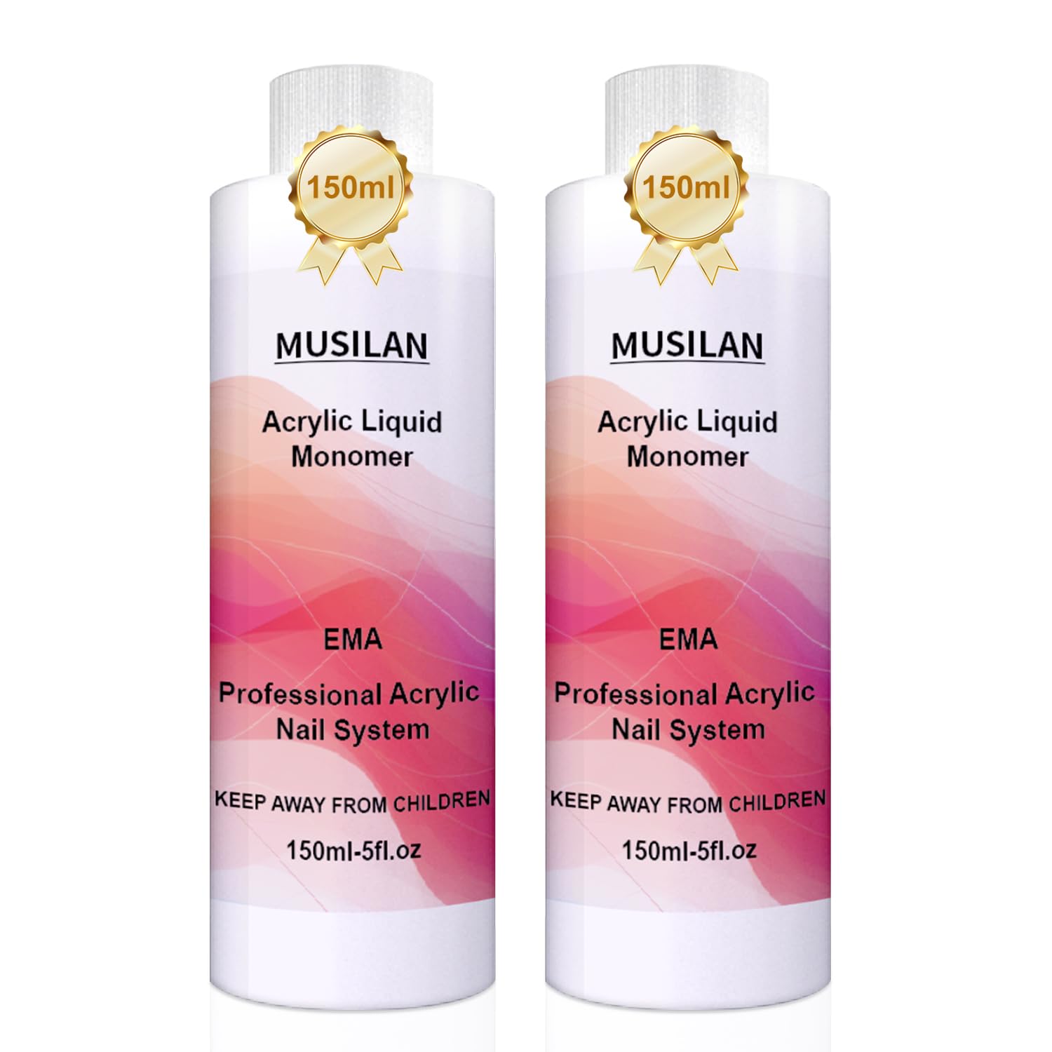 MUSILAN Monomer liquid bottle closeup showing clear formula for strong adhesion and color clarity.