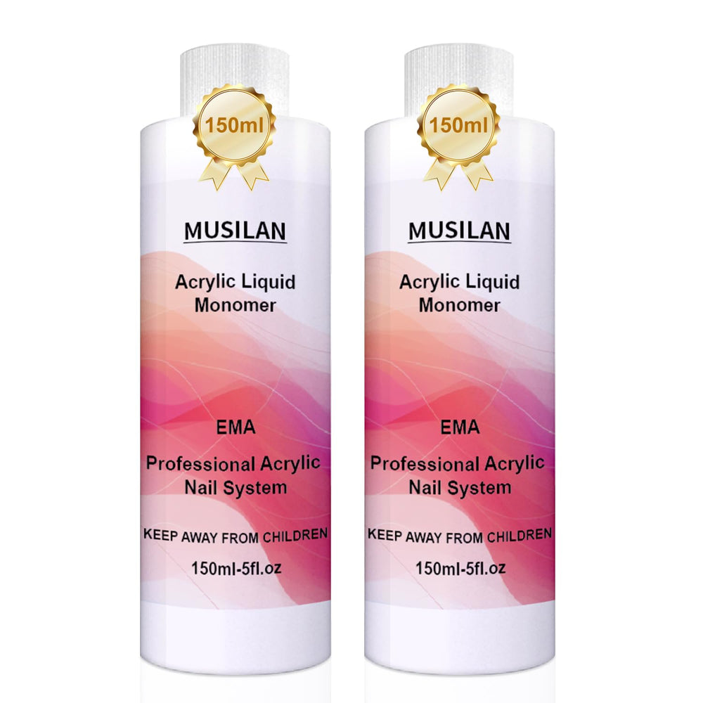 MUSILAN Monomer liquid bottle closeup showing clear formula for strong adhesion and color clarity.