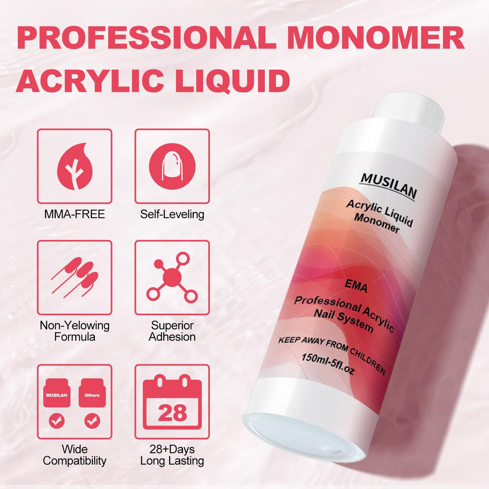 MUSILAN Monomer liquid pour action demonstrates quick-dry performance for efficient nail design.
