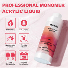 MUSILAN Monomer liquid pour action demonstrates quick-dry performance for efficient nail design.
