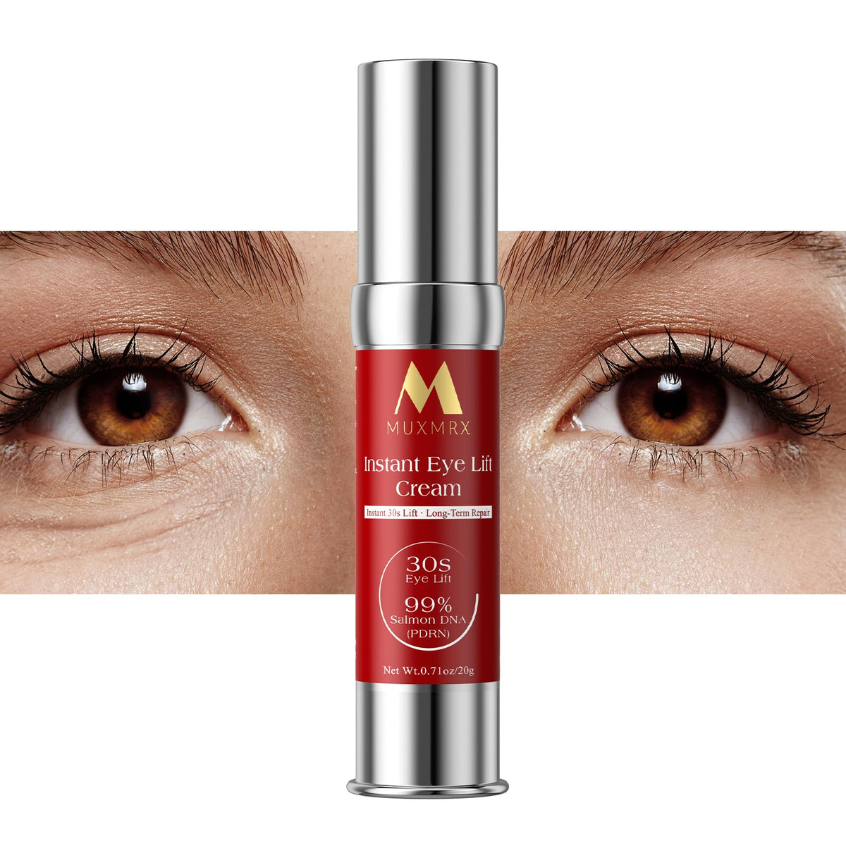 Muxmrx 30S Instant Eye Lift Cream tube and packaging for quick daily lift.