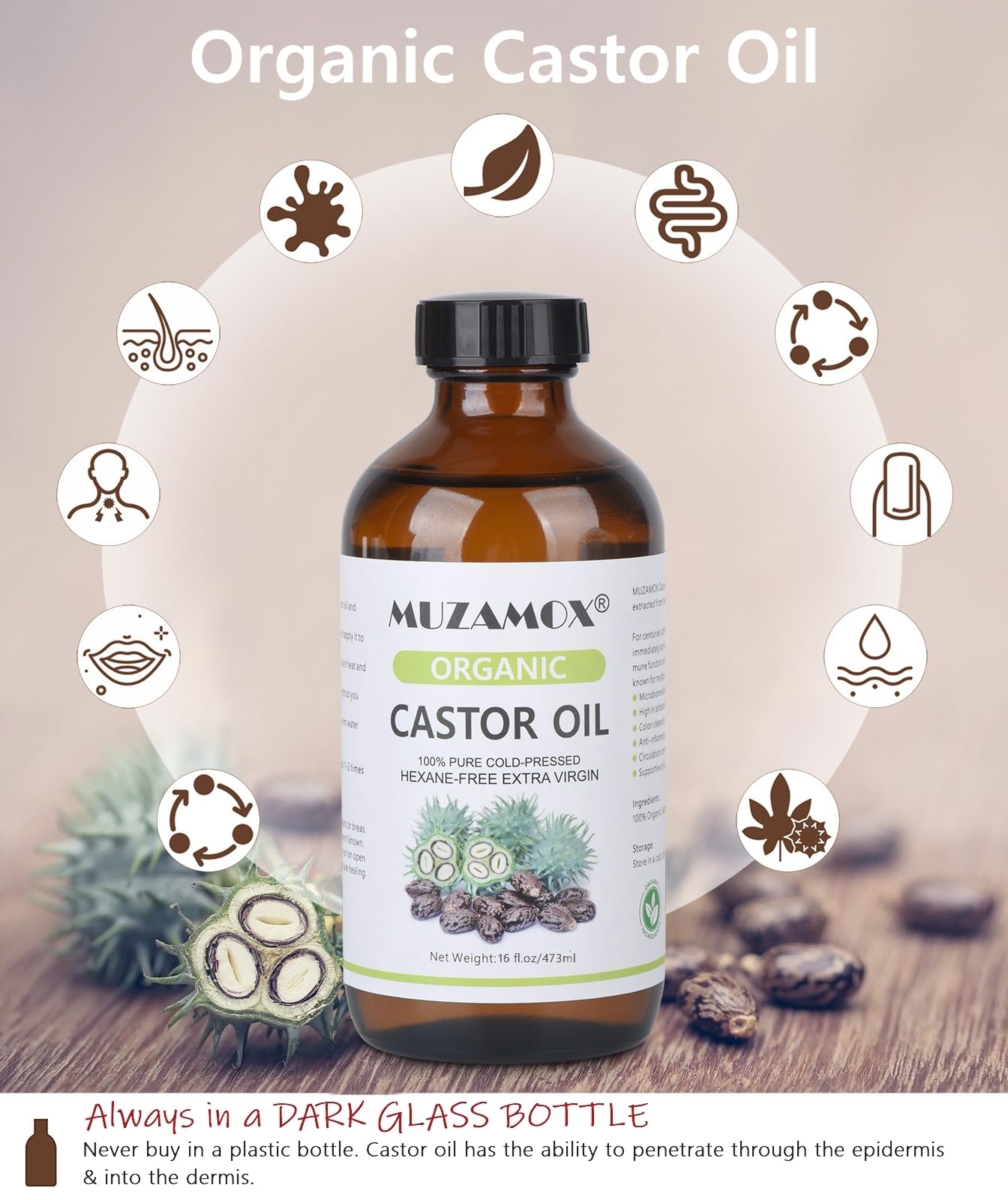 MUZAMOX cold pressed castor oil pour shot for skin and hair care routines.