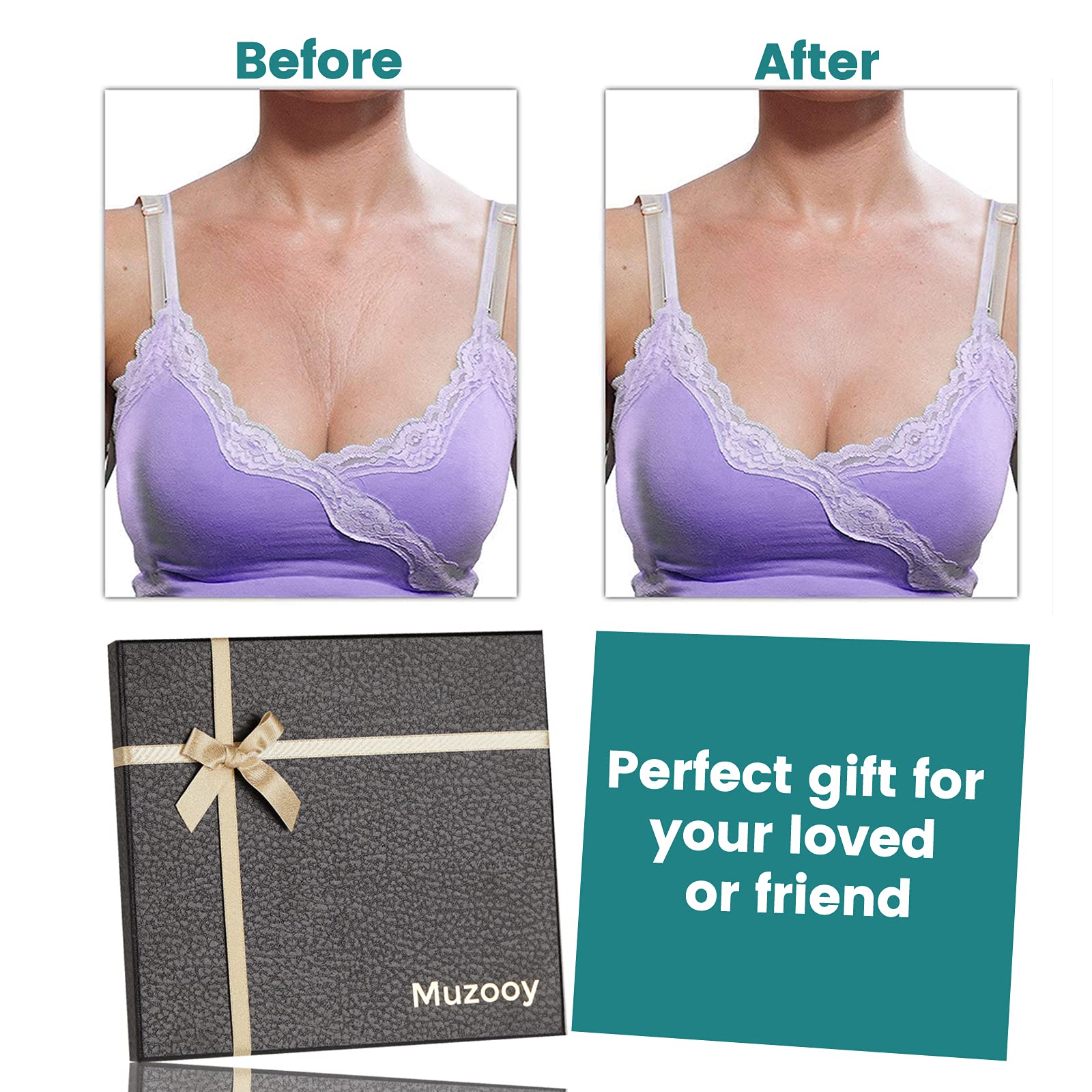 Muzooy overnight-use scene with patches worn during sleep for smoother cleavage.