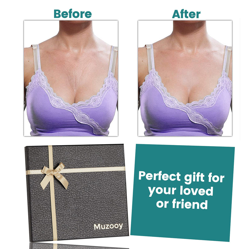 Muzooy overnight-use scene with patches worn during sleep for smoother cleavage.