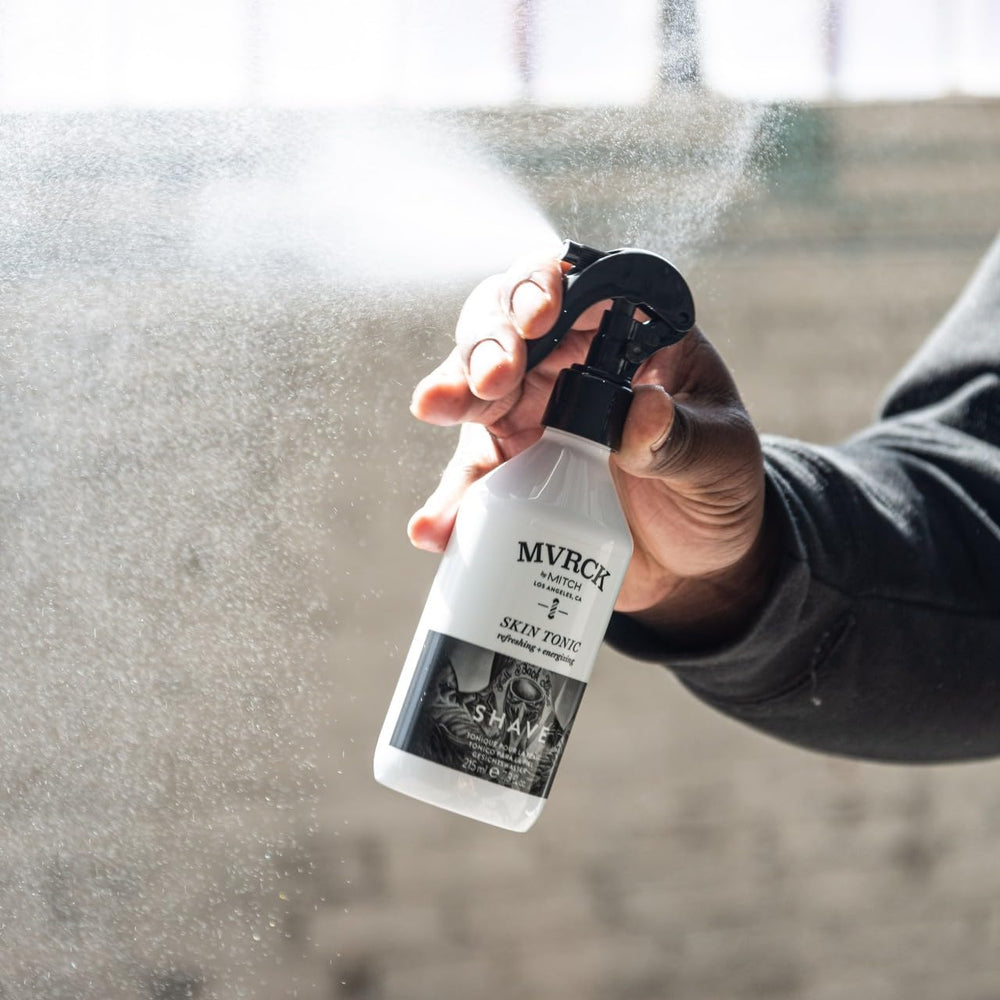 MVRCK Skin Tonic mist being sprayed delivering cooling menthol for pre-shave prep