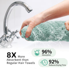 My Novel Things hair towel wrap green elastic strap keeping towel in place.