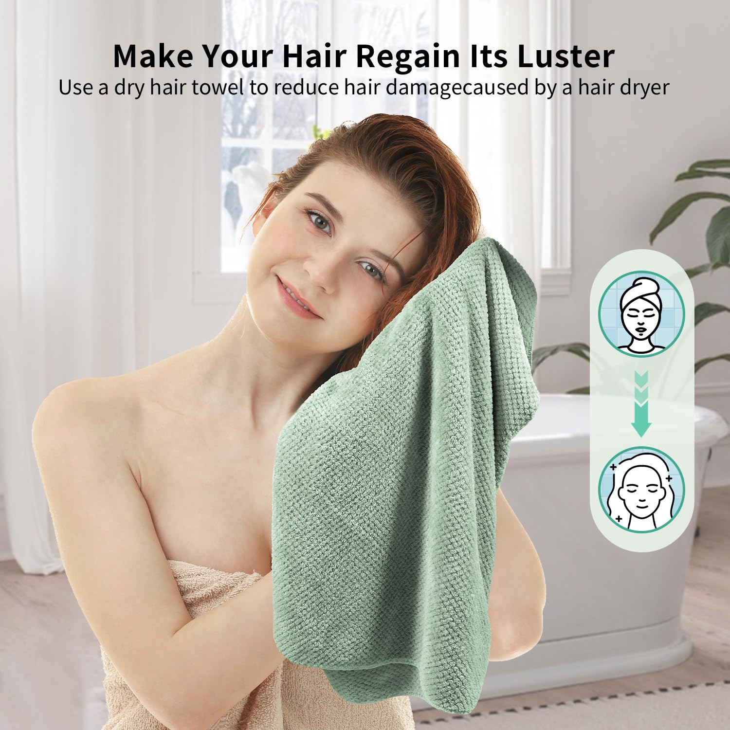 My Novel Things hair towel wrap green drying after shower for time-saving routine.