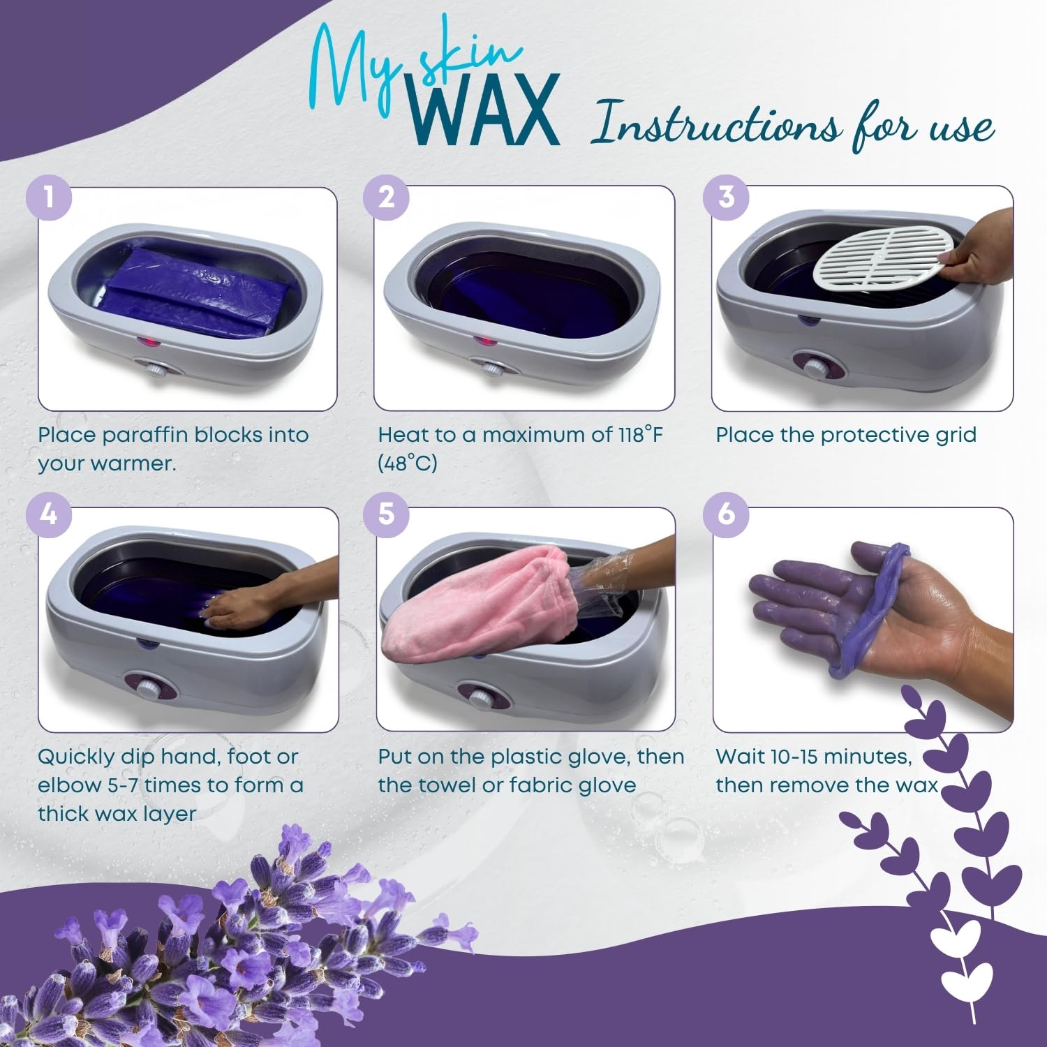 My Skin WAX lavender-scent aromatherapy image emphasizes a relaxing spa ritual