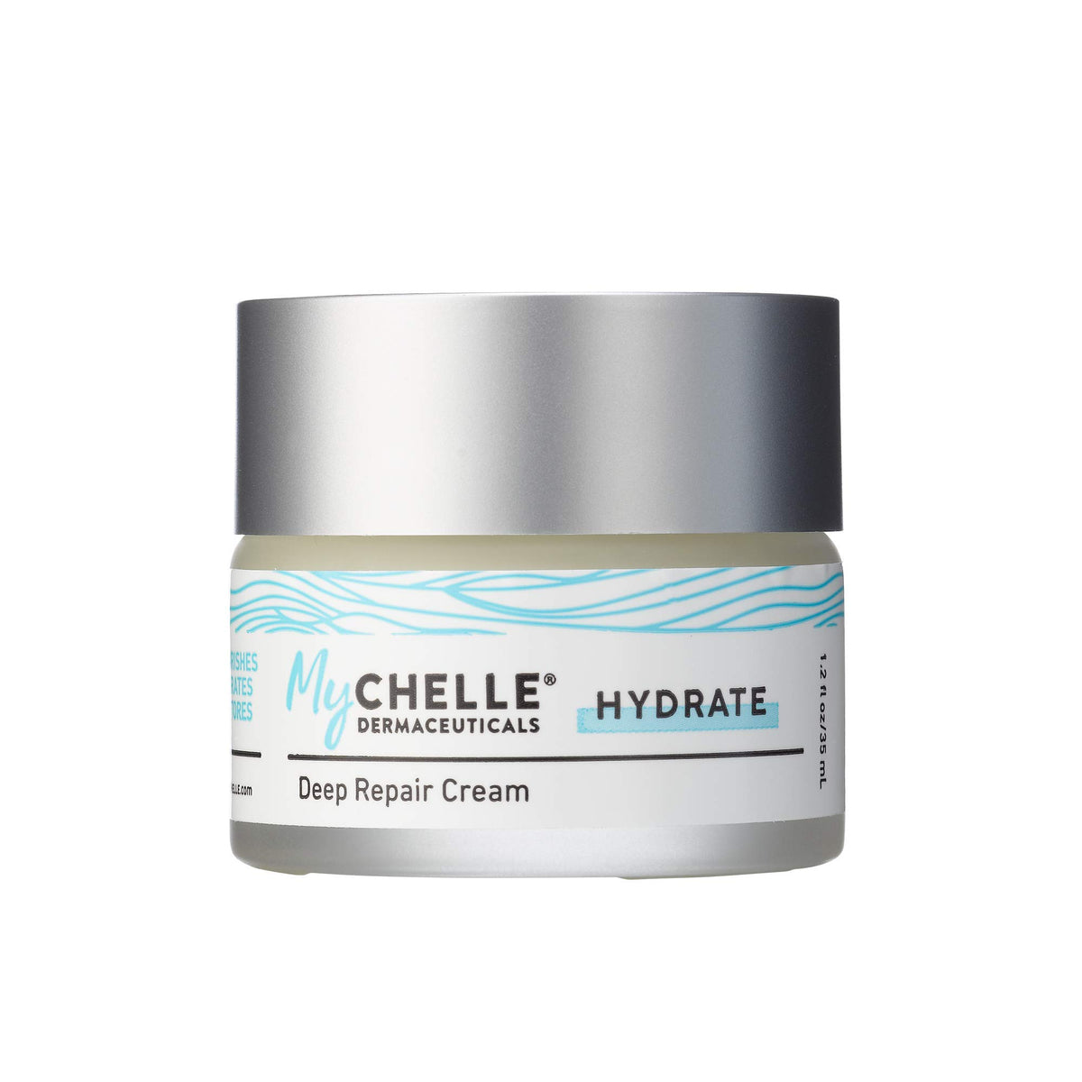 MyCHELLE Deep Repair Cream bottle close-up showing hydration for dry skin.
