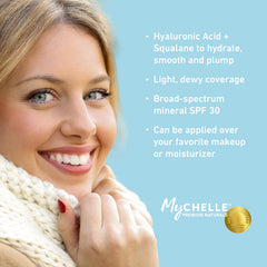 MyCHELLE Light/Medium hylauronic acid boost highlights skin hydration.