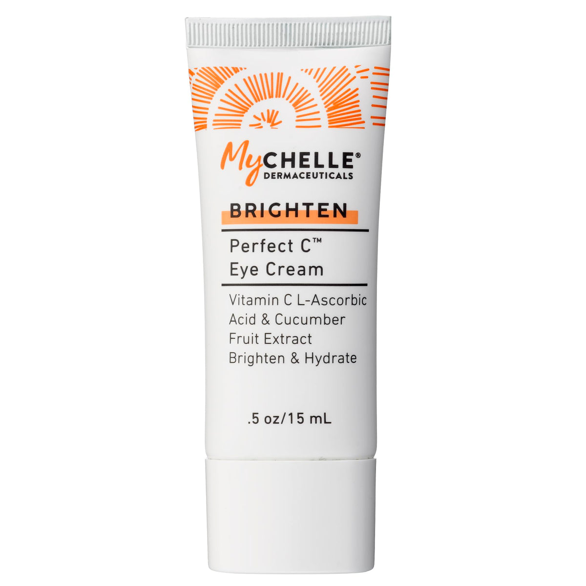 MyCHELLE Perfect C Eye Cream bottle closeup showing vitamin C brightness for under-eye radiance.