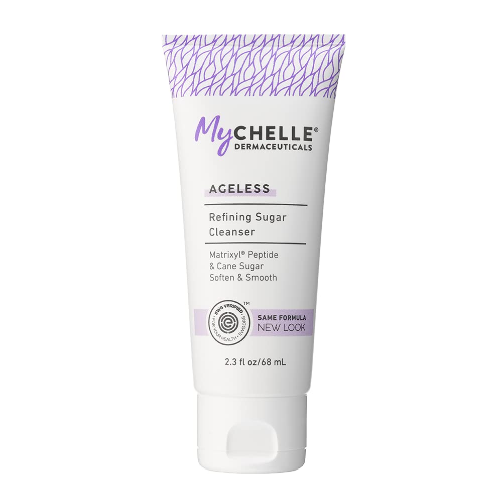 MyCHELLE Refining Sugar Cleanser bottle shows peptide-infused exfoliation for smoother skin