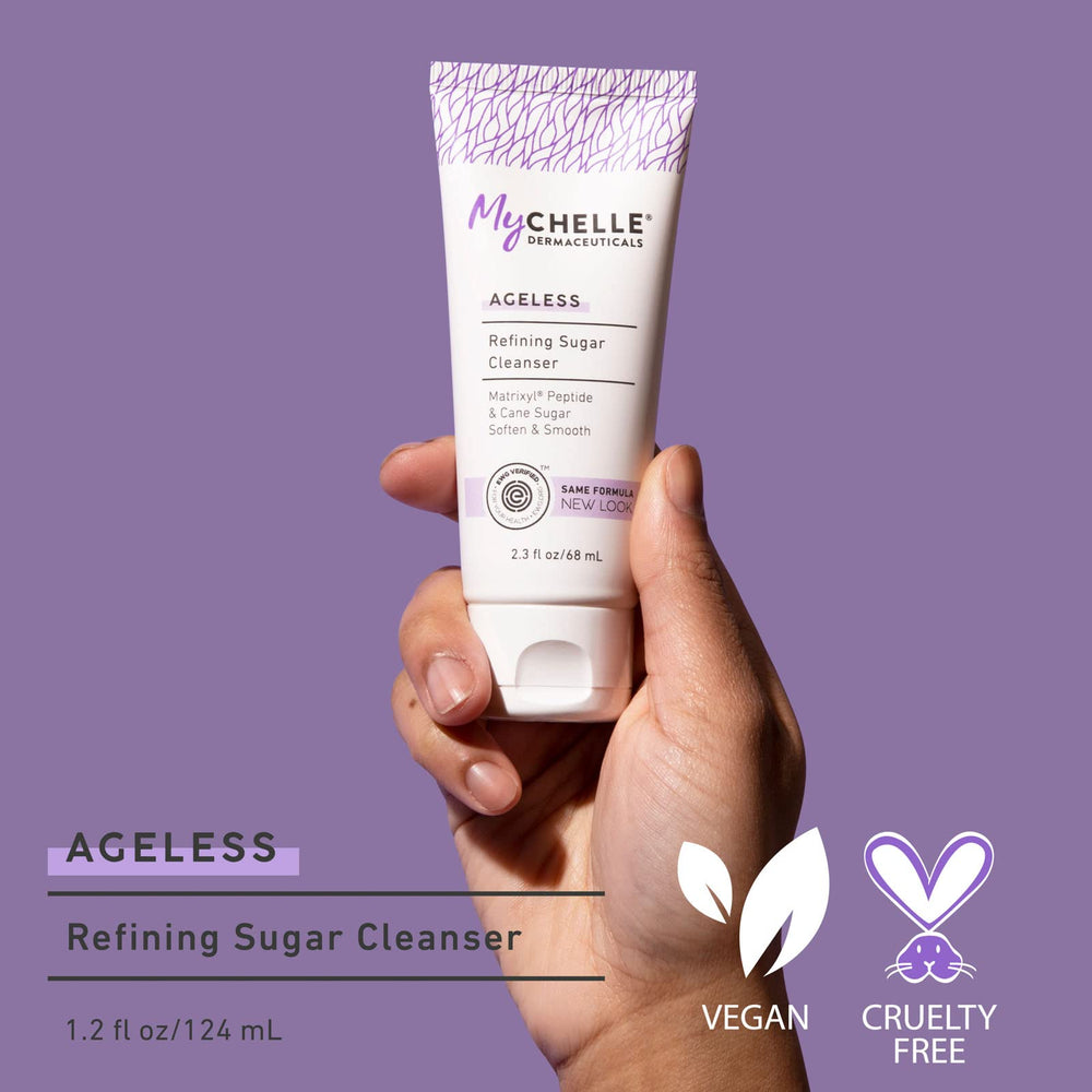 Packaging of MyCHELLE Refining Sugar Cleanser highlighting clean ingredients and cruelty-free status