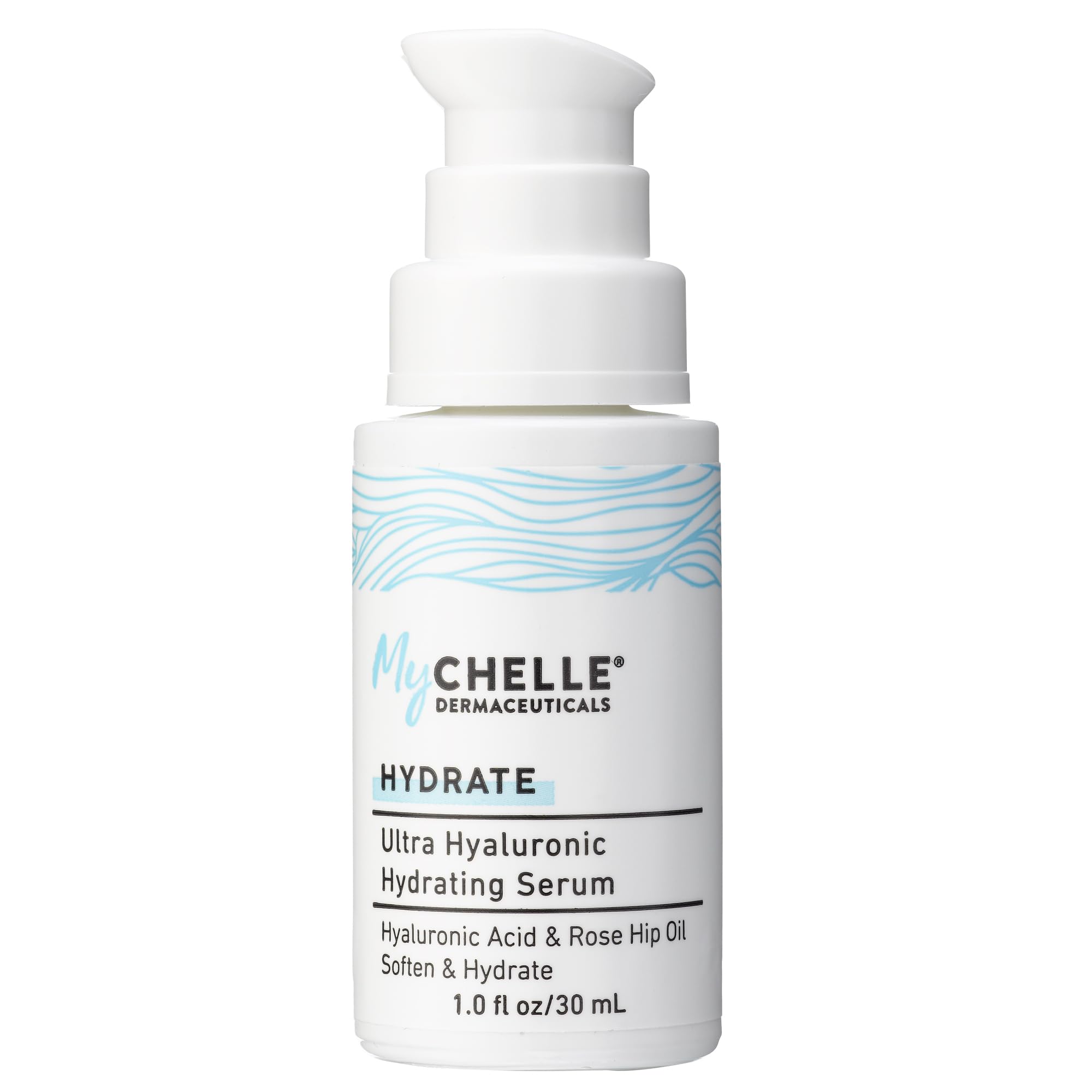 MyCHELLE Ultra Hyaluronic Serum bottle closeup showing clean hydration for dry skin