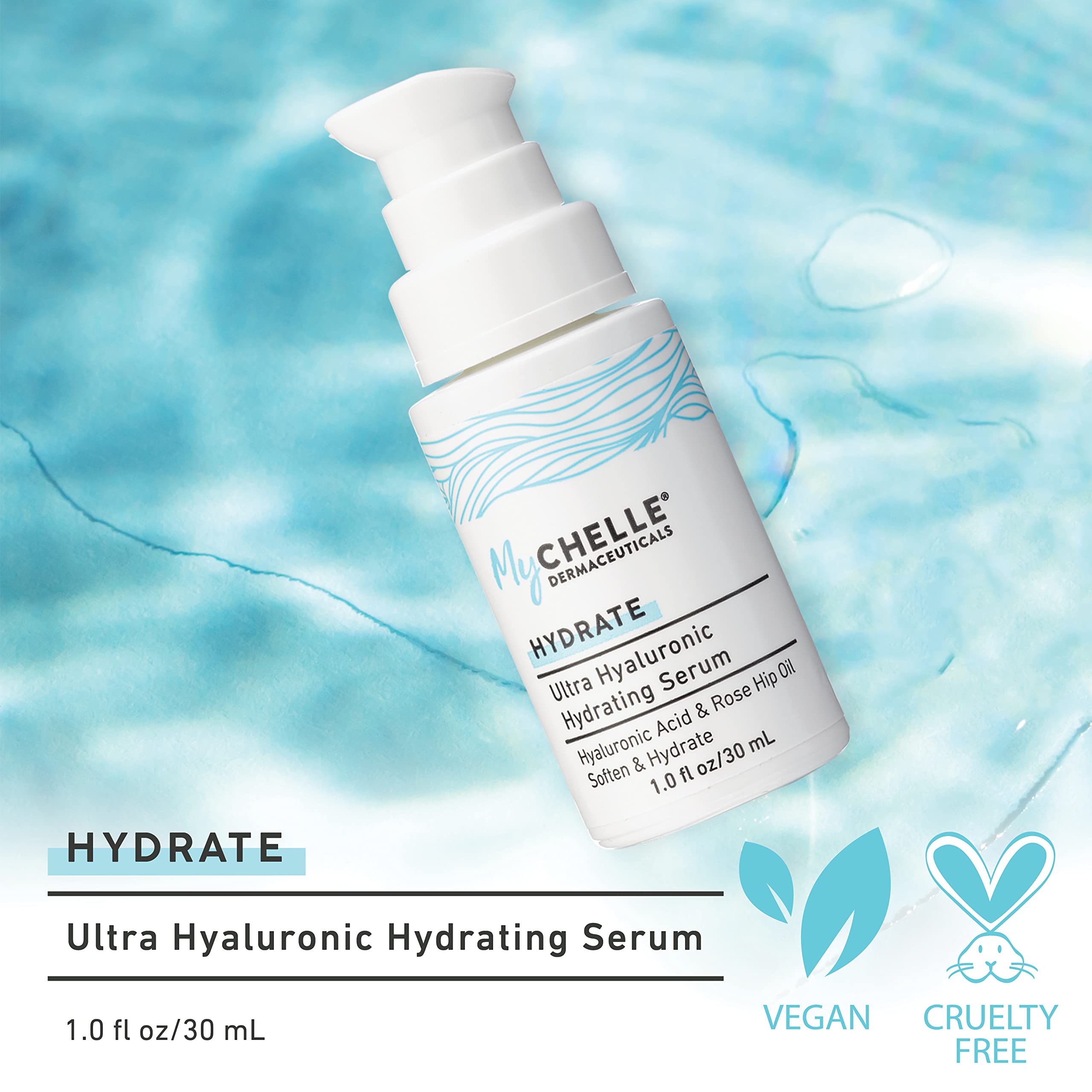 MyCHELLE Ultra Hyaluronic Serum dispense pump demonstrates easy daily application