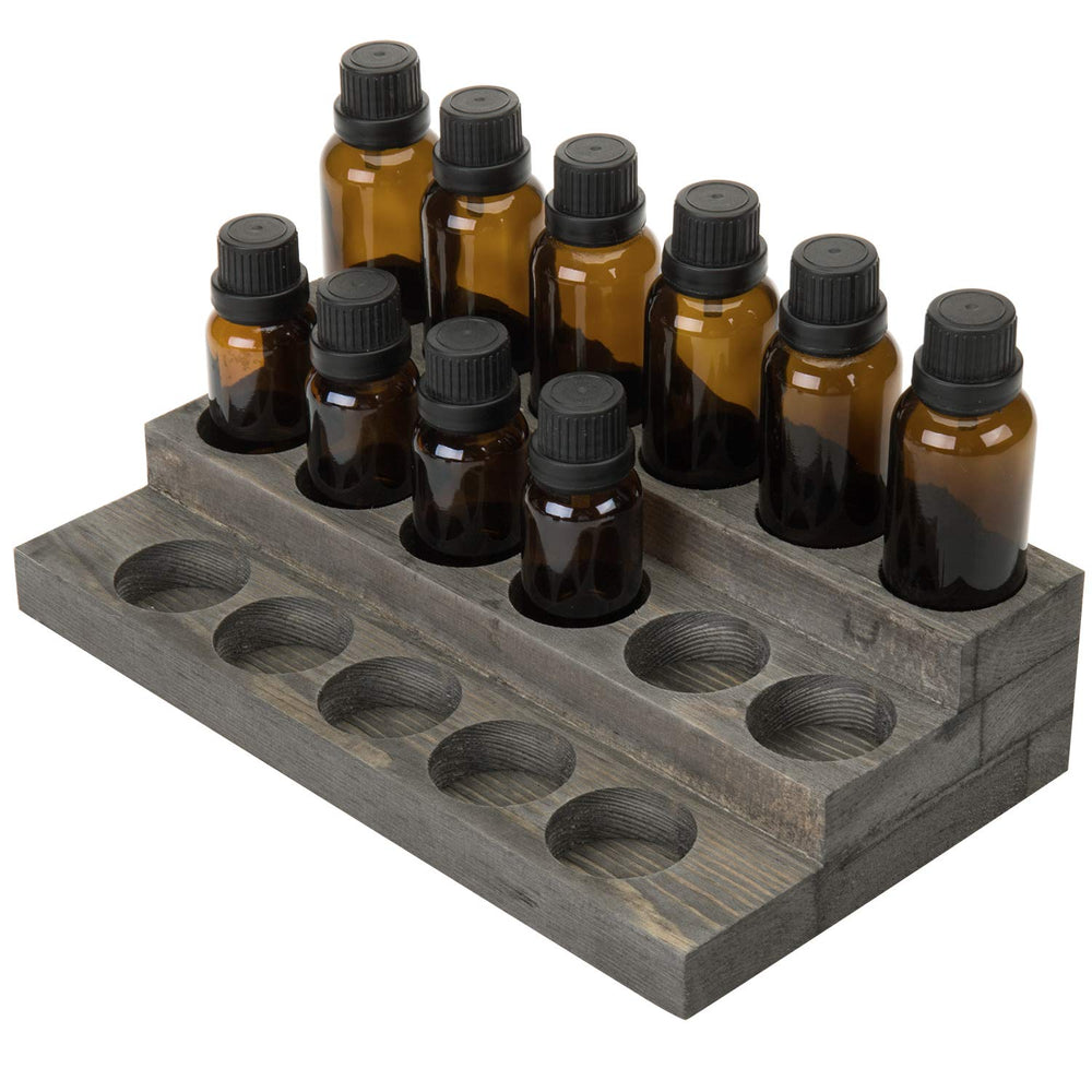 MyGift vintage grey wood 3-tier stand front view for organized essential oils