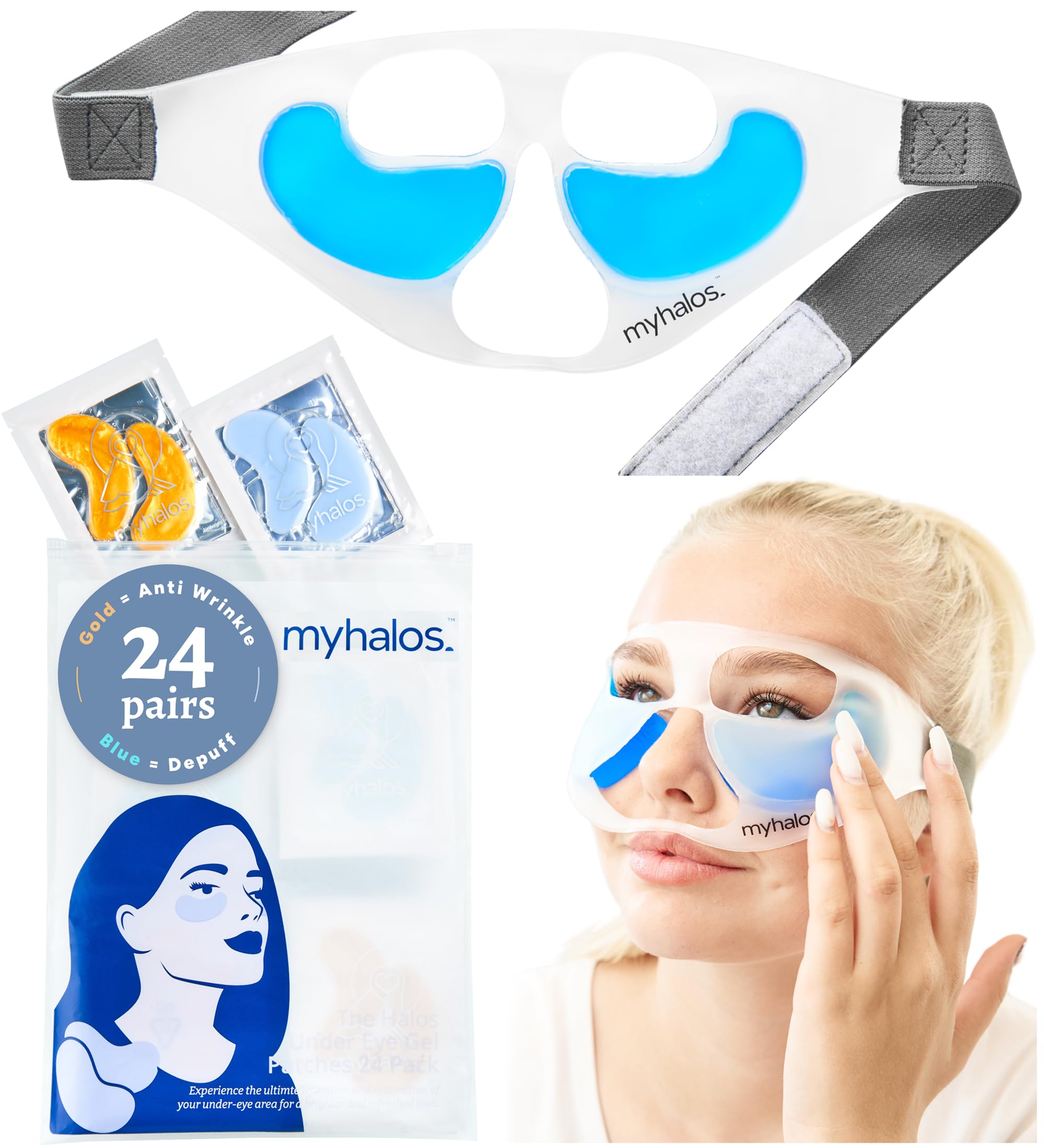 MyHalos eye ice pack cold-therapy demonstrates soothing relief for puffy under-eye area.