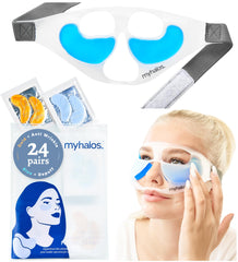 MyHalos eye ice pack cold-therapy demonstrates soothing relief for puffy under-eye area.