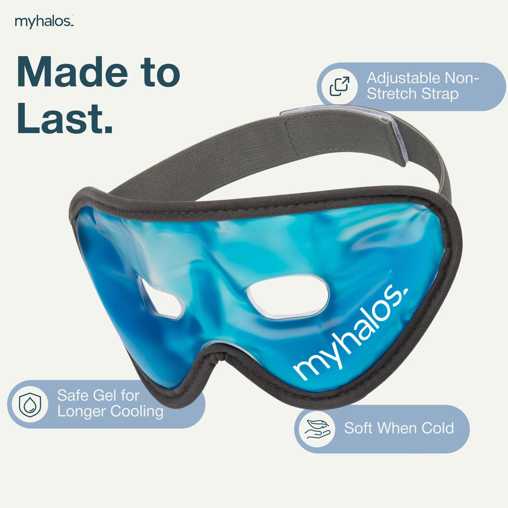 MyHalos Gel Mask worn for cold therapy during headaches