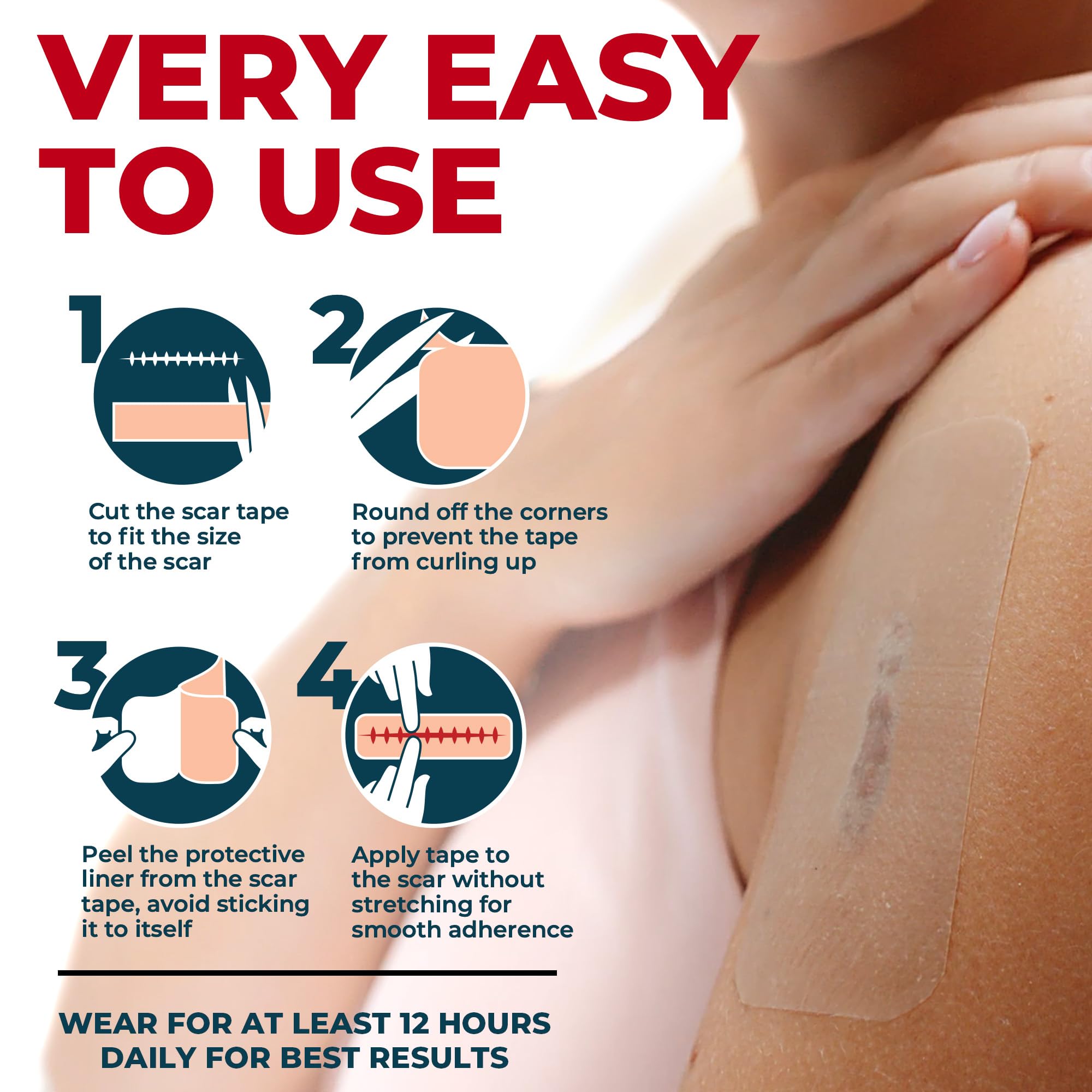 MYHELP invisible under clothing scar tape blends with skin for discreet wear.