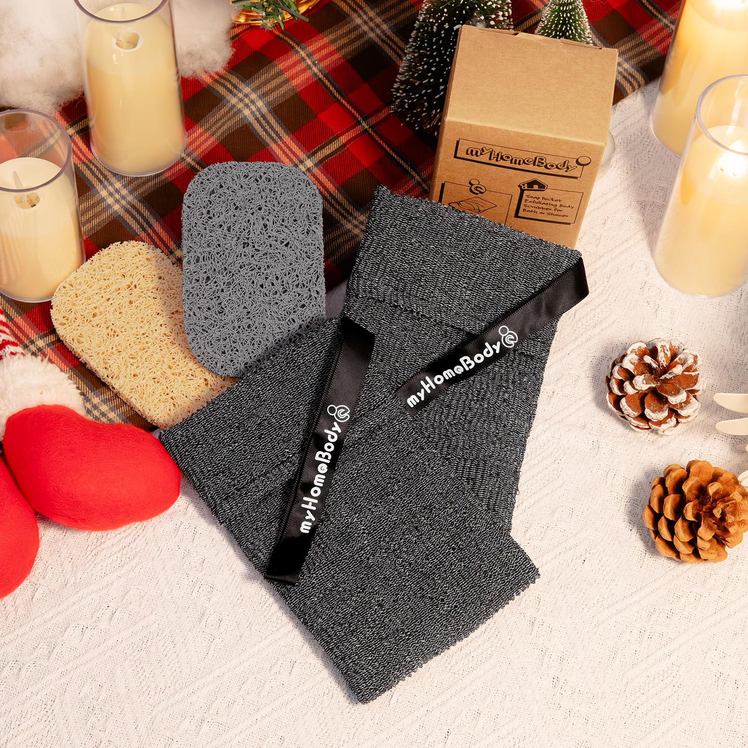 myHomeBody 2-pack exfoliating pouch graphite gray for saving soap leftovers.