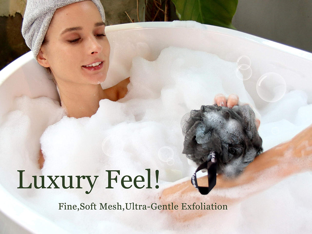 myHomeBody activated charcoal loofah highlights charcoal-infused texture for daily exfoliation.