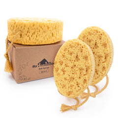 myHomeBody bath sponge large size with abundant lather for easy cleansing.