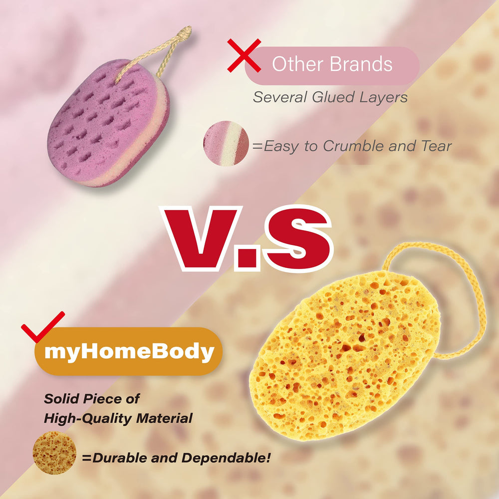 myHomeBody oval-design bath sponge shown gripping comfortably during shower.
