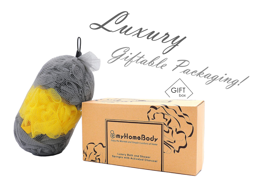 myHomeBody bathroom setup display highlights travel-friendly sponge.