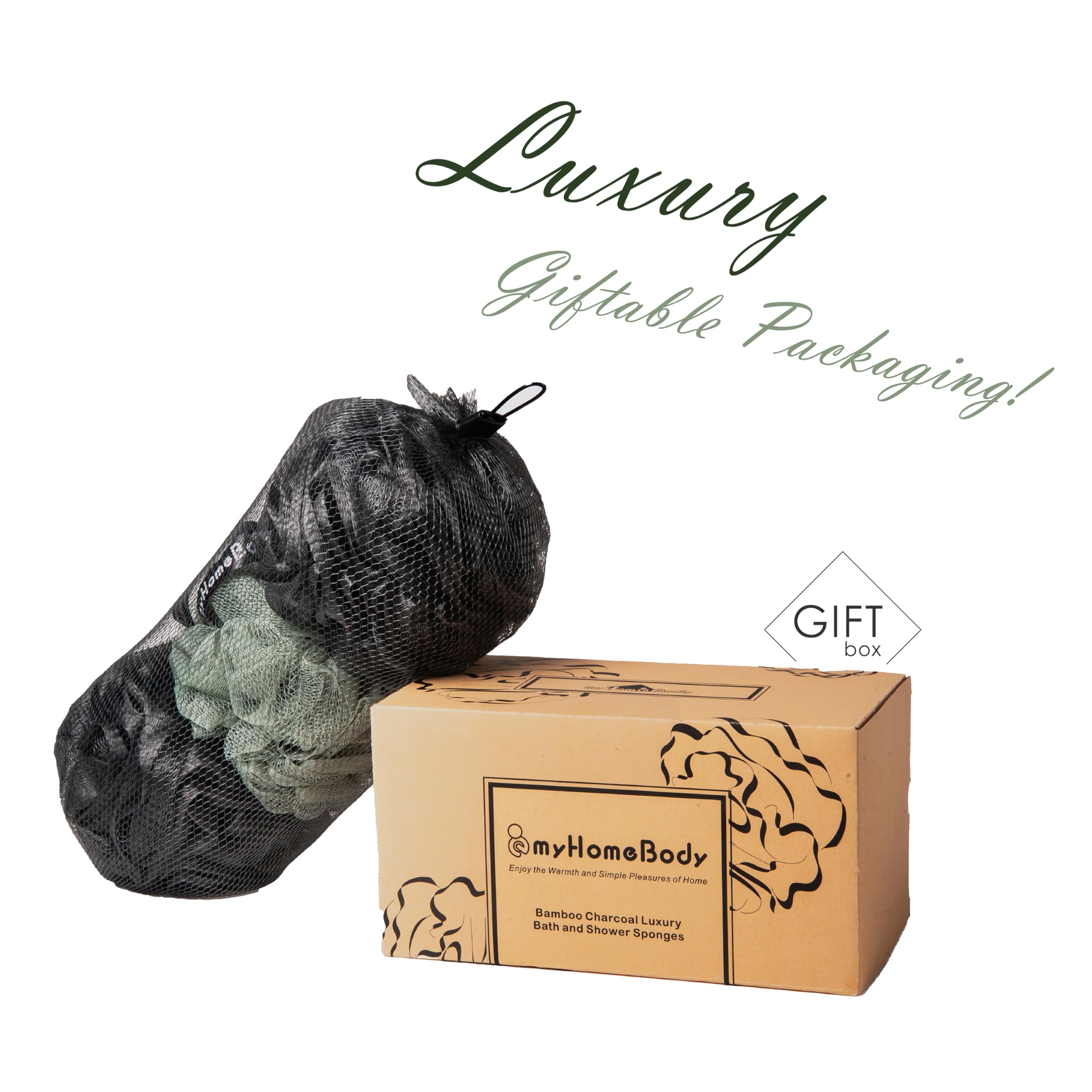 myHomeBody loofah 3pack display communicates value and color variety.