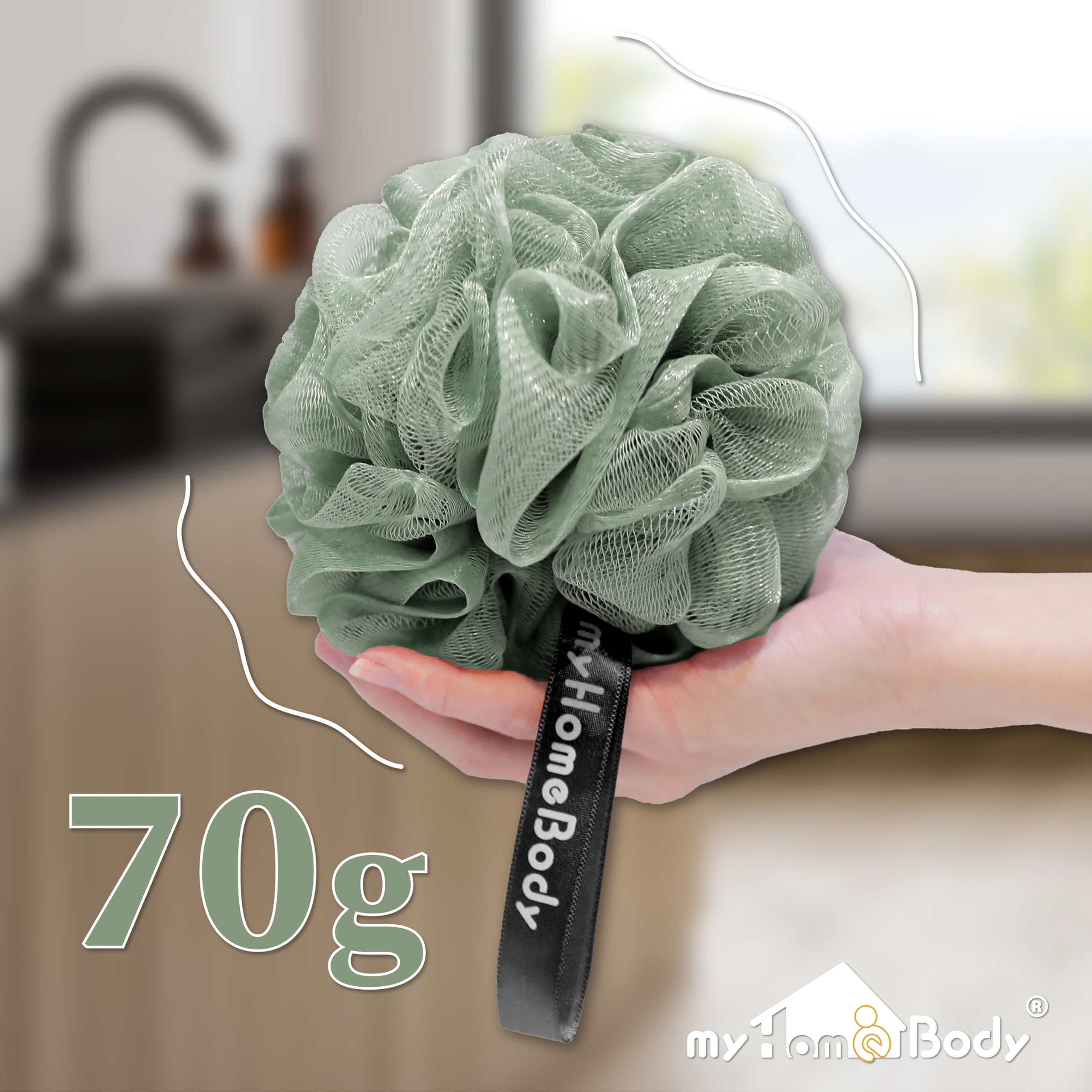 myHomeBody loofah bathroom-decor soft-texture demonstrates spa-like shower experience.