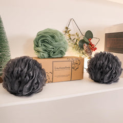 myHomeBody loofah large70g graphite gray closeup highlights soft texture and charcoal-infused exfoliation.
